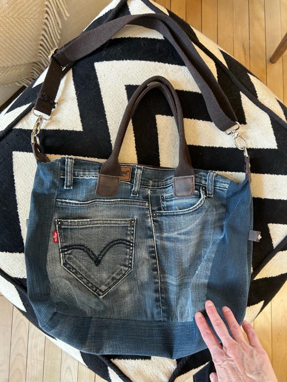 Made in Italy, Blue Denim Messenger Bag with Brown Straps